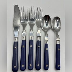 WF MARDI GRAS Flatware Vintage Blue Handle Setting 6 Pieces Knife Forks Spoons